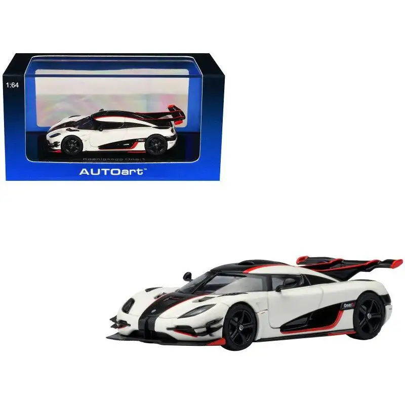 Koenigsegg One:1 Pebble White with Carbon and Red Stripes 1/64 Diecast Model Car by Autoart