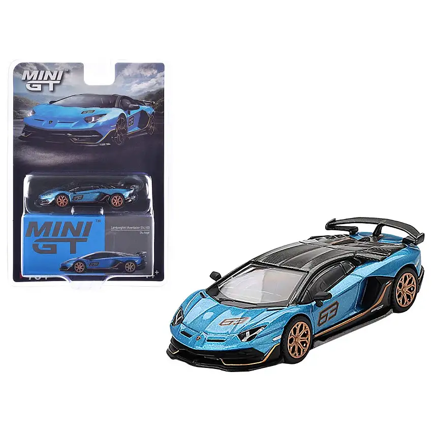 Lamborghini Aventador SVJ 63 Blu Aegir Blue Metallic with Carbon Top Limited Edition 1/64 Diecast Model Car by Mini GT