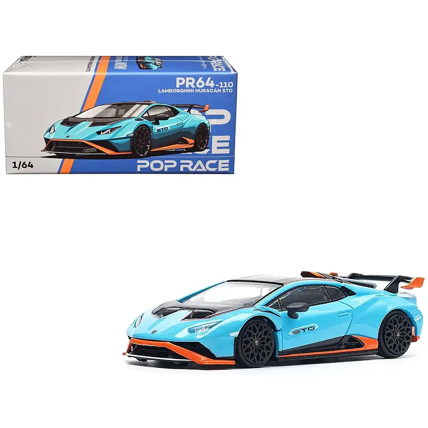 Lamborghini Huracan STO Blue with Black Top and Orange Accents 1/64 Diecast Model Car by Pop Race