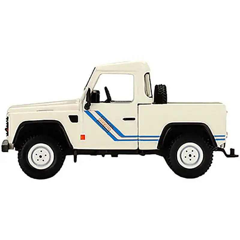 Land Rover Defender 90 Pickup Truck White with Blue Stripes Limited Edition to 3000 pieces Worldwide 1/64 Diecast Model Car by Mini GT