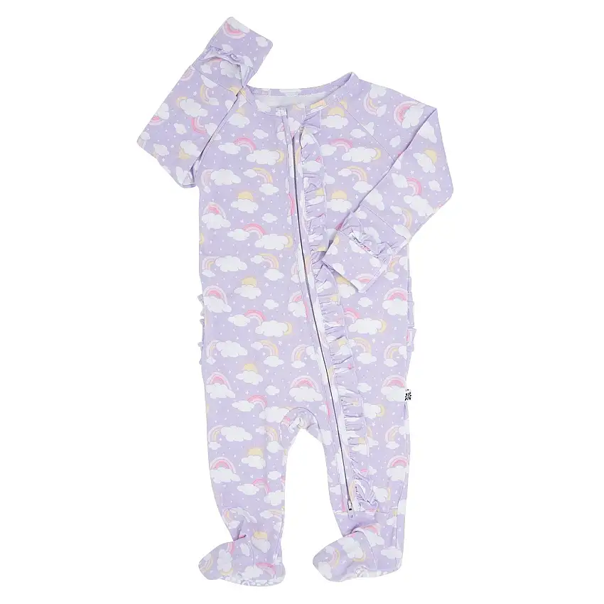 Lavender Rainbows And Clouds Ruffle Baby Footie