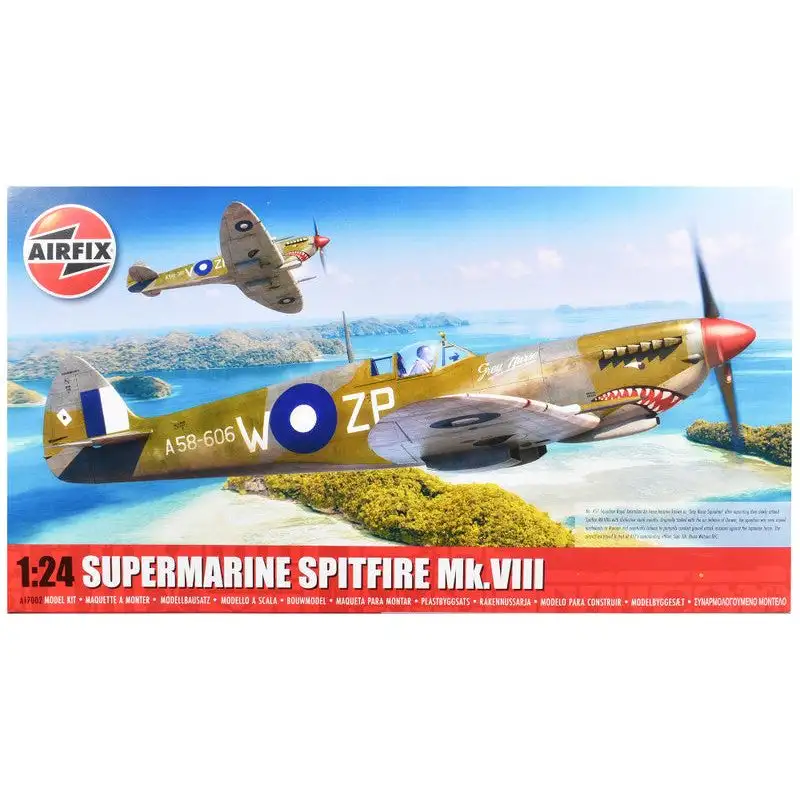 Level 4 Model Kit Supermarine Spitfire Mk.VIII Fighter Aircraft with 3 Scheme Options 1/24 Plastic Model Kit by Airfix