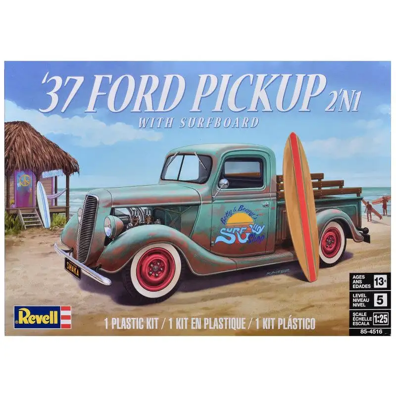 Level 5 Model Kit 1937 Ford Pickup Truck with Surfboard 2-in-1 Kit 1/25 Scale Model by Revell