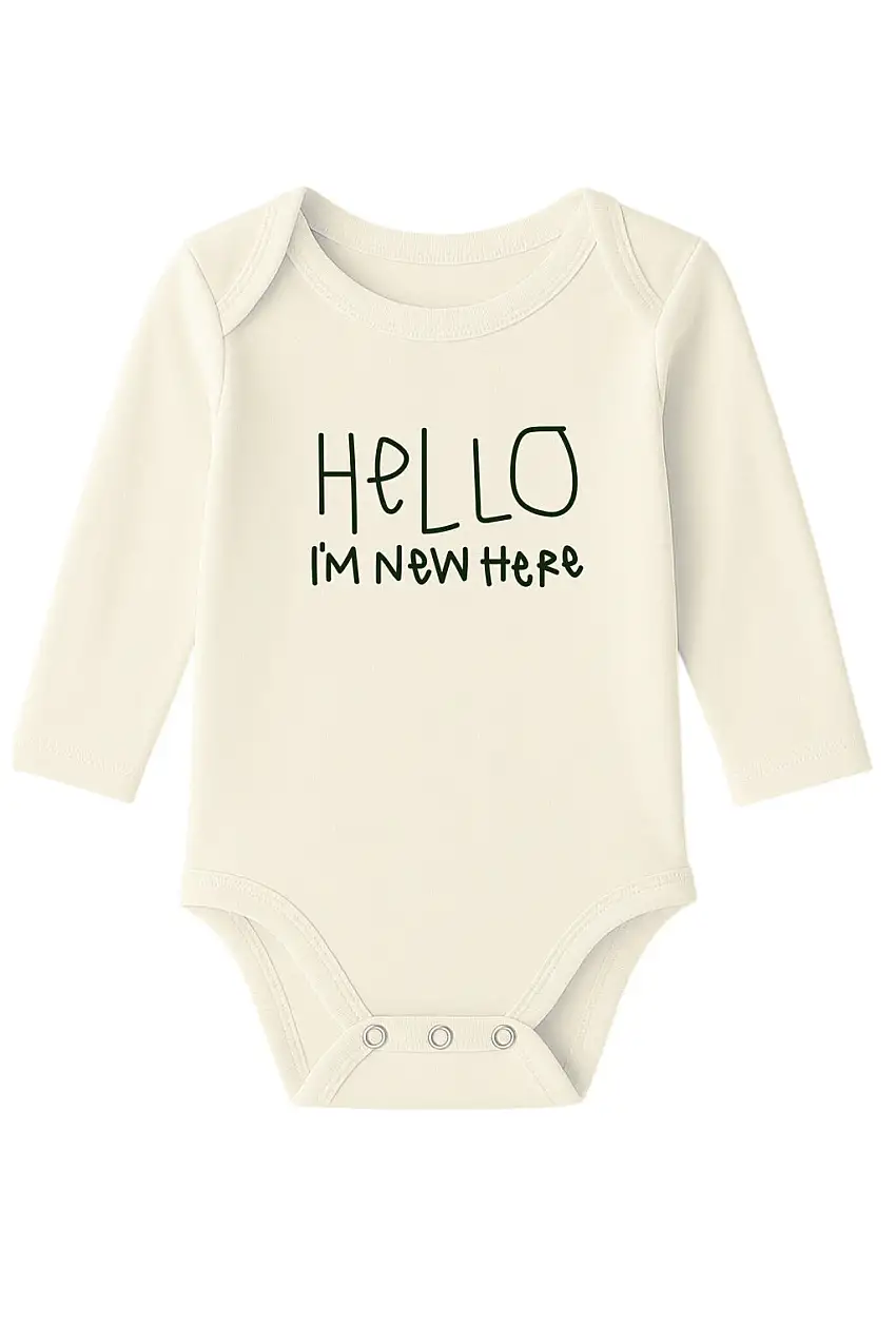 Hello I'm New Here Organic Cotton Baby Bodysuit Long Sleeve