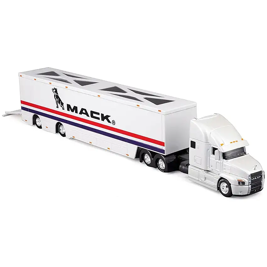 Mack Anthem Enclosed Car Transporter "Mack" White with Red and Blue Stripes "Custom Haulers" Series 1/64 Diecast Model by Maisto