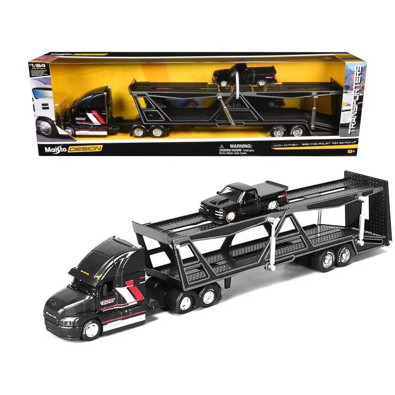 Mack Anthem Open Car Hauler Black with Red and White Stripes "Kenzie's Transport Services" and 1993 Chevrolet 454 SS Pickup Truck Black "Transporters" Series 1/64 Diecast Models by Maisto