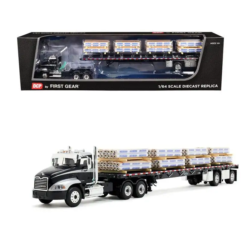 Mack Pinnacle Day Cab with Minimizer Parts & 53' Wilson Roadbrute Flatbed Trailer with "Carlisle Roofing" Loaded Pallets Black with Silver Top and Stripes 1/64 Diecast Model by DCP/First Gear