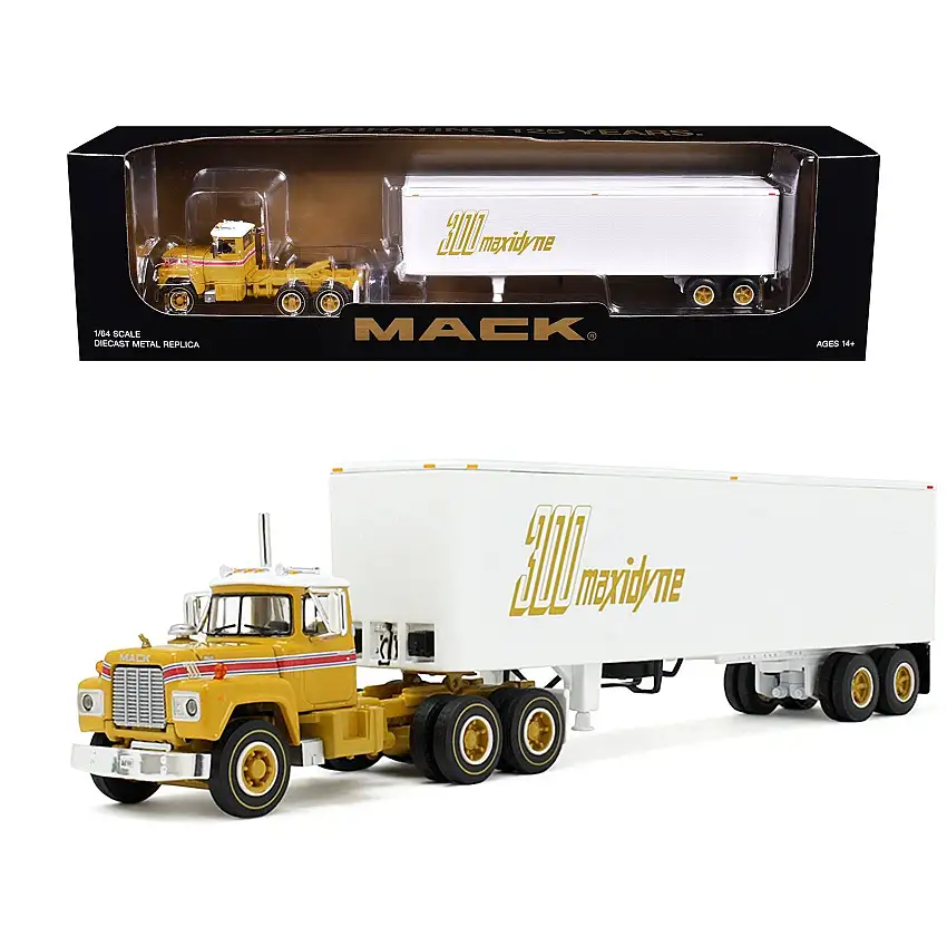 Mack R-Model Day Cab and 40' Vintage Trailer Yellow with Red Stripes and White Top "Mack Anniversary" 1/64 Diecast Model by DCP/First Gear