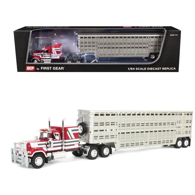 Mack Super-Liner with 60" Flat Top Sleeper and 45' Wilson Vintage Livestock Trailer Red with White and Gray Stripes 1/64 Diecast Model by DCP/First Gear
