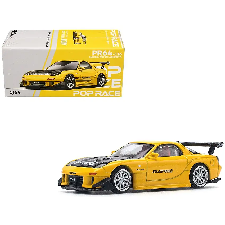 Mazda RX7 (FD) "RE Amemiya" Widebody RHD (Right Hand Drive) Yellow with Carbon Hood 1/64 Diecast Model Car by Pop Race