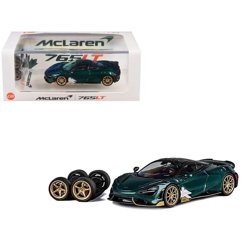 McLaren 765LT Racing Green Metallic with Black Top and Extra Wheels 1/64 Diecast Model Car by CM Models