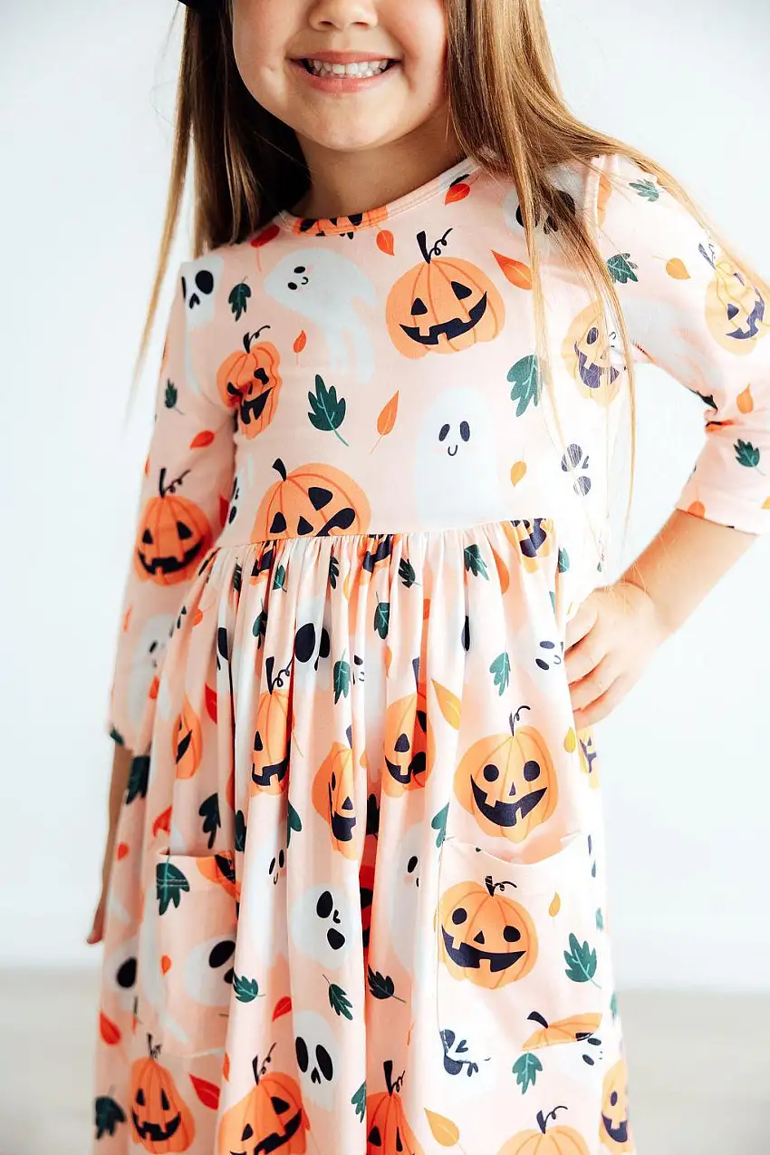 Pumpkin Peekaboo 3/4 Sleeve Pocket Twirl Dress