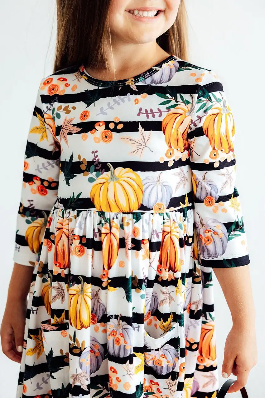 Pumpkins & Peonies 3/4 Sleeve Pocket Twirl Dress