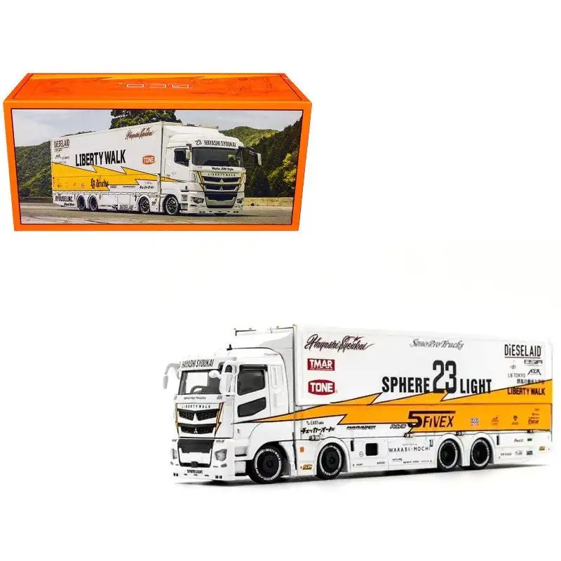 Mitsubishi Fuso Super Great Transporter RHD (Right Hand Drive) #23 "Liberty Walk LB-Trucks" White with Yellow Stripes and Graphics 1/64 Diecast Model by GCD