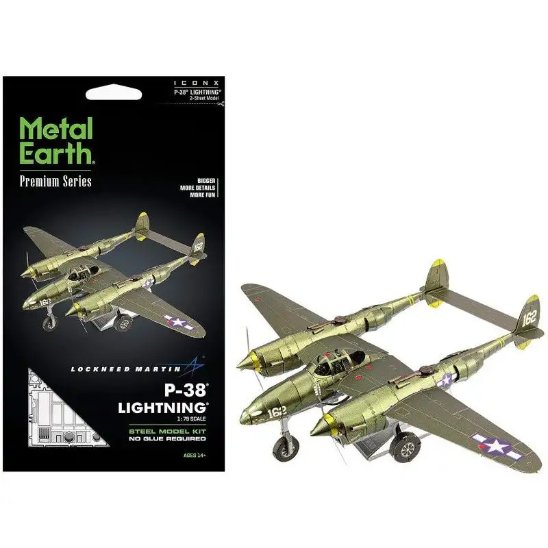 Model Kit Lockheed Martin P-38 Lightning Fighter Aircraft "#162" United States Army Air Forces (Challenging Difficulty) Model by Metal Earth