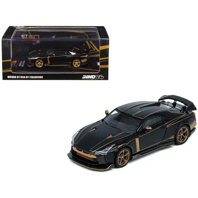 Nissan GT-R50 By ItalDesign Black with Gold Accents and Carbon Hood 1/64 Diecast Model Car by Inno Models