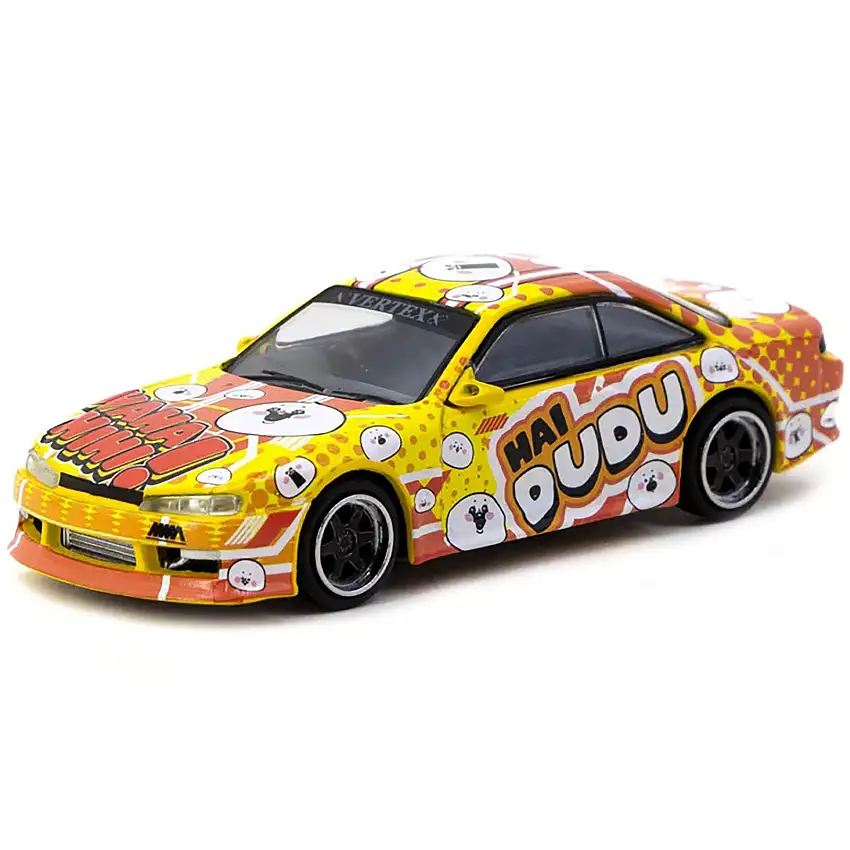 Nissan Silvia (S14) Vertex RHD (Right Hand Drive) "Hai Dudu - IMX Special Edition" Yellow and Orange with Graphics "Global64" Series 1/64 Diecast Model by Tarmac Works