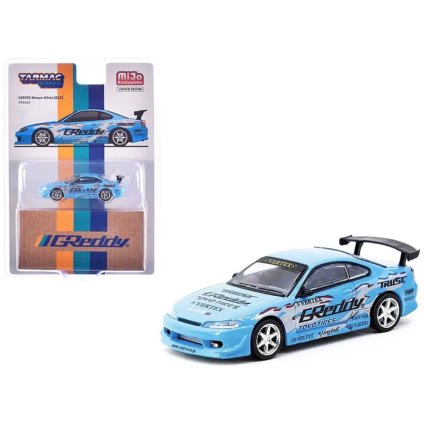 Nissan Silvia (S15) Vertex RHD (Right Hand Drive) "GReddy" Light Blue "Global64" Series 1/64 Diecast Model by Tarmac Works