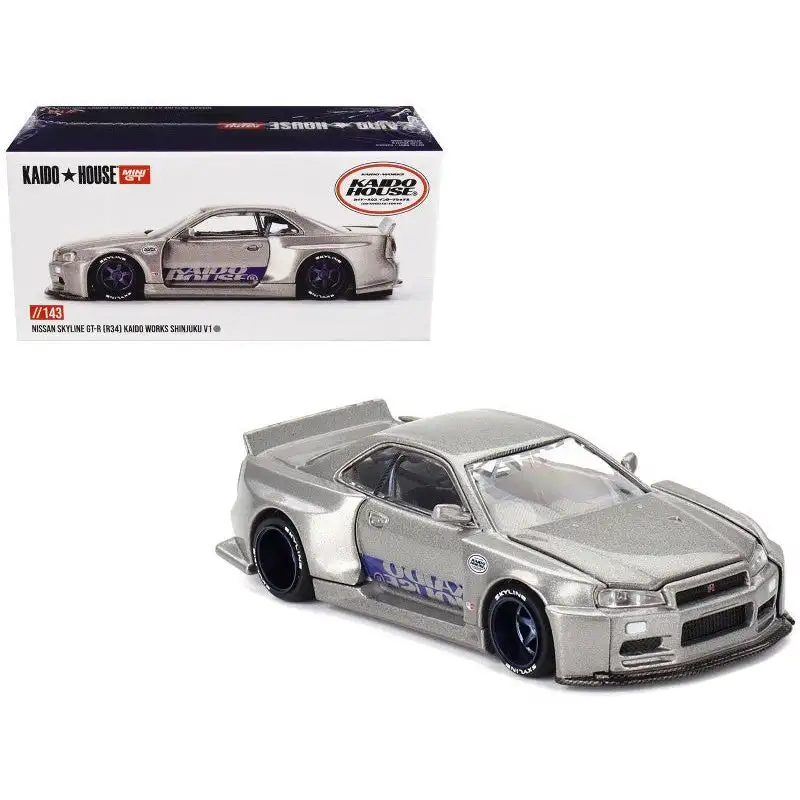 Nissan Skyline GT-R (R34) "Kaido Works Shinjuku V1" RHD (Right Hand Drive) Silver Metallic (Designed by Jun Imai) "Kaido House" Special 1/64 Diecast Model Car by Mini GT