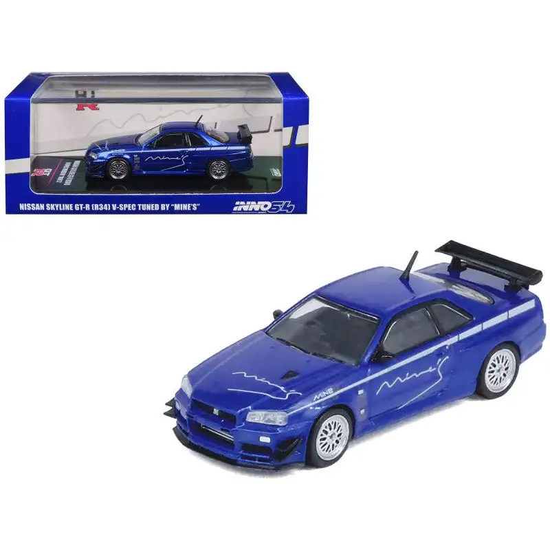 Nissan Skyline GT-R (R34) V-SPEC RHD (Right Hand Drive) "Tuned by Mine's" Blue Metallic 1/64 Diecast Model Car by Inno Models