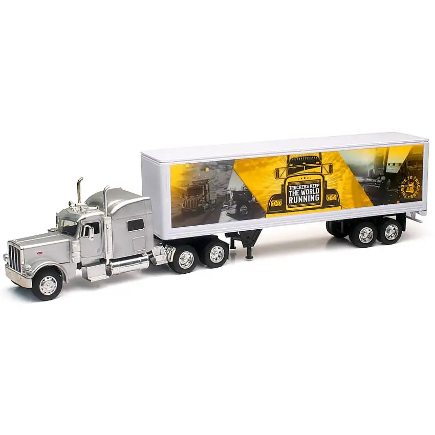 Peterbilt 389 Truck Silver Metallic with Dry Van Trailer "Trucker Keep The World Running" "Long Haul Truckers" Series 1/32 Diecast Model by New Ray