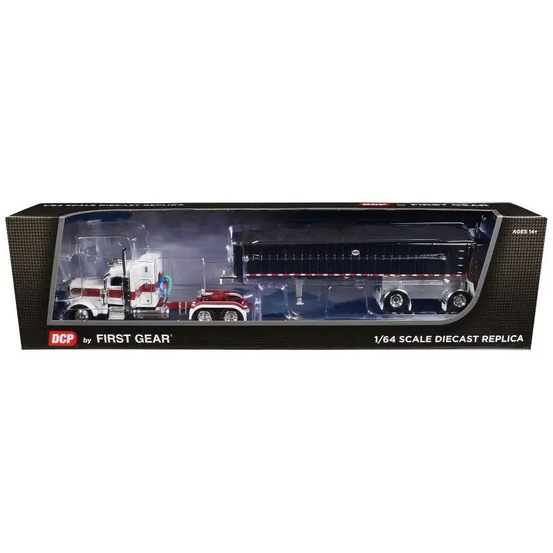 Peterbilt 389 with 48" Mid-Roof Sleeper and MAC Coal End Dump Trailer White with Red and Gold Stripes 1/64 Diecast Model by DCP/First Gear