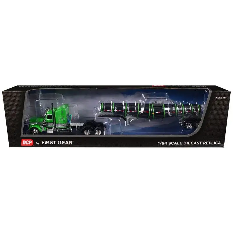 Peterbilt 389 with 48" Mid-Roof Sleeper and Polar Deep Drop Trailer Green and Silver 1/64 Diecast Model by DCP/First Gear