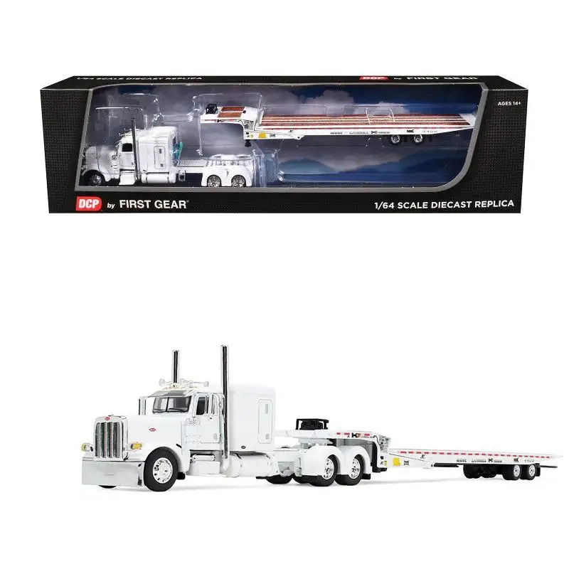 Peterbilt 389 with 63" Flat Top Sleeper and Landoll 440B50CA Traveling Axle Trailer White 1/64 Diecast Model by DCP/First Gear