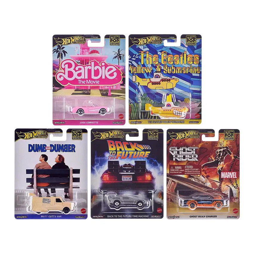 "Pop Culture 2025" 5 piece Set H "Premium Series" Diecast Model Cars by Hot Wheels