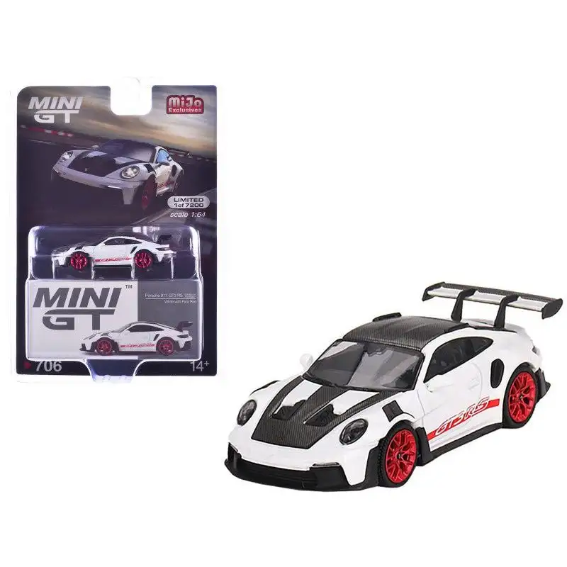 Porsche 911 (992) GT3 RS Weissach Package White with Pyro Red and Carbon Stripes and Carbon Top Limited Edition to 7200 pieces Worldwide 1/64 Diecast Model Car by Mini GT