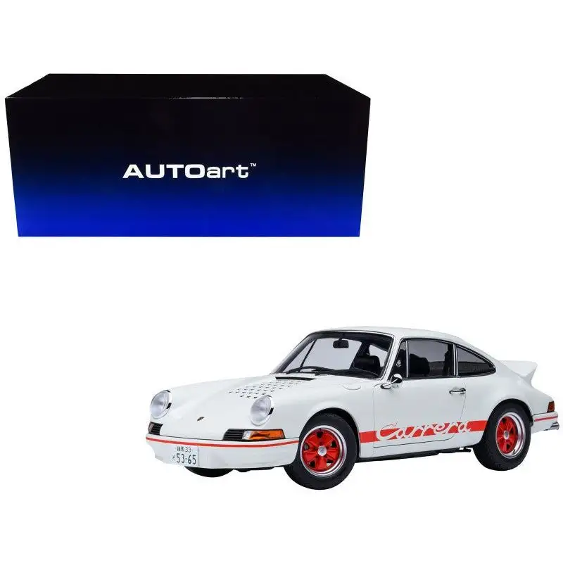 Porsche 911 Carrera 2.7 RS "The Circuit Wolf" White with Red Stripes and Wheels with Hood Graphics 1/18 Model Car by Autoart