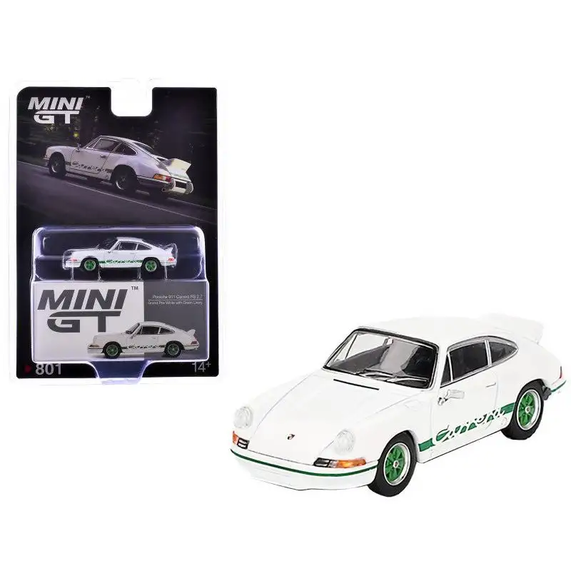 Porsche 911 Carrera RS 2.7 Grand Prix White with Green Stripes and Wheels Limited Edition 1/64 Diecast Model Car by Mini GT