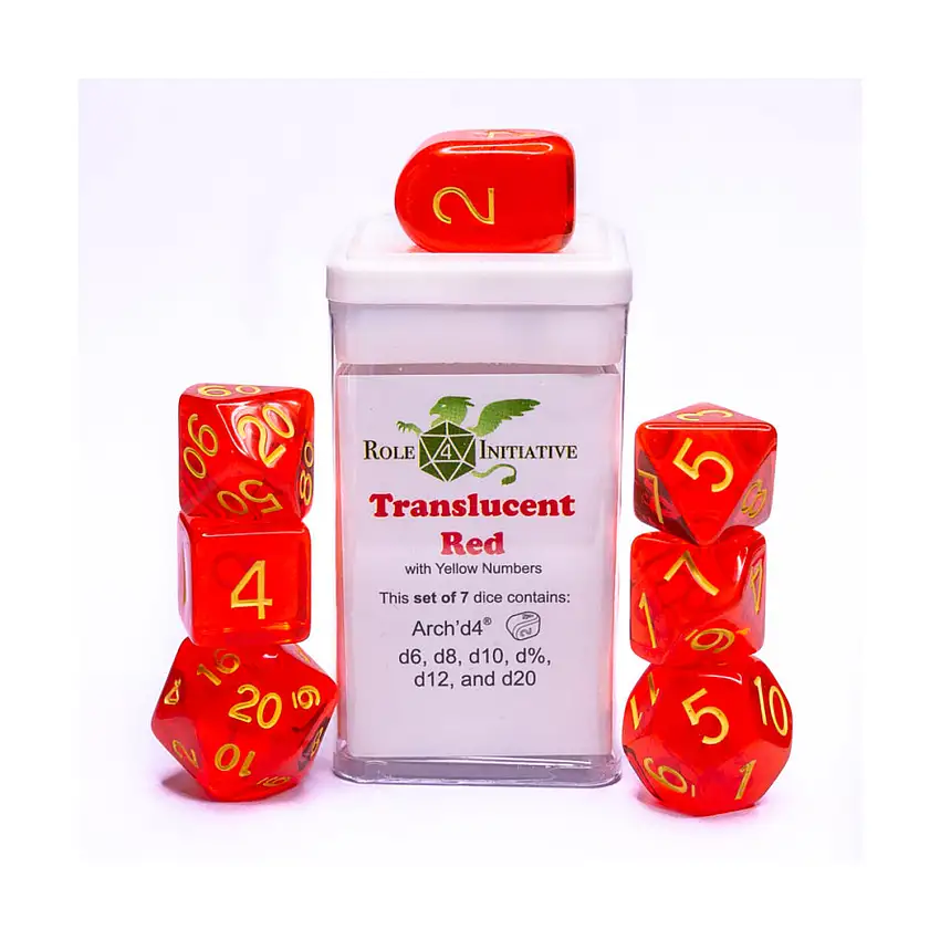 Polyhedral Dice - Translucent Red w/Gold and Arch'd4 (7)