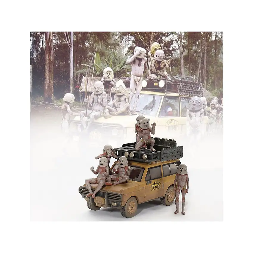 Range Rover with Roofrack Tan (Dirty Version) "Camel Trophy - Papua New Guinea Team USA" (1982) with "Papua New Guinea Asaro Mudmen" 6 piece Figure Set 1/64 Diecast Model Car by Mini GT