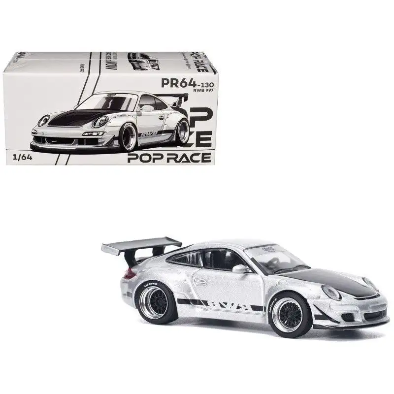 RWB 997 Silver Metallic with Black Stripes and Hood 1/64 Diecast Model Car by Pop Race