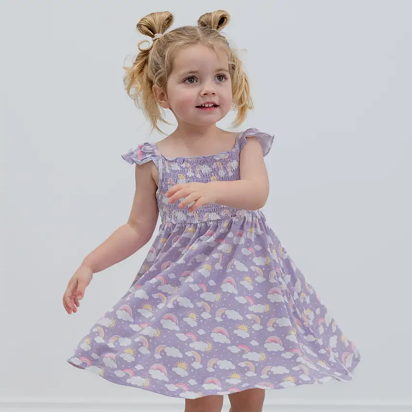 Lavender Rainbows And Clouds Smocked Vintage Dress