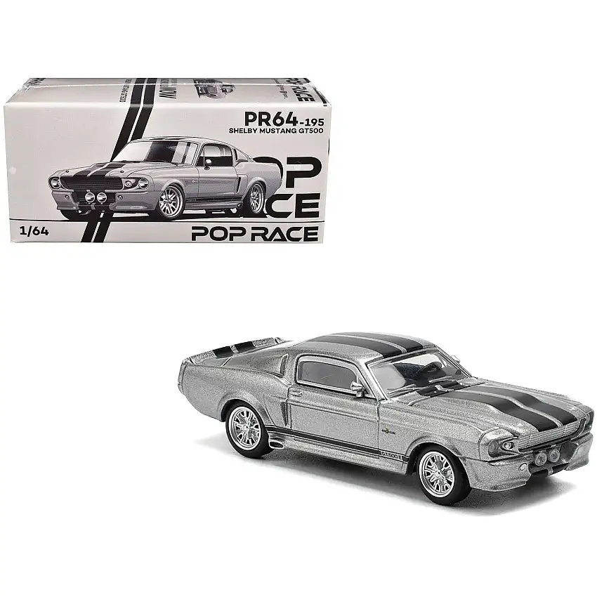 Shelby Mustang GT500 Gray Metallic with Black Stripes 1/64 Diecast Model Car by Pop Race