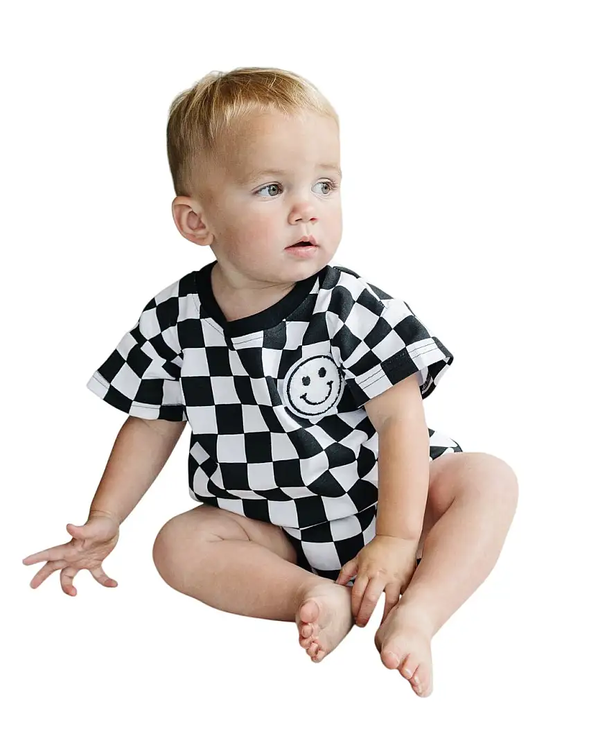 Short Sleeve Bubble Romper | Checkered Smiley Black