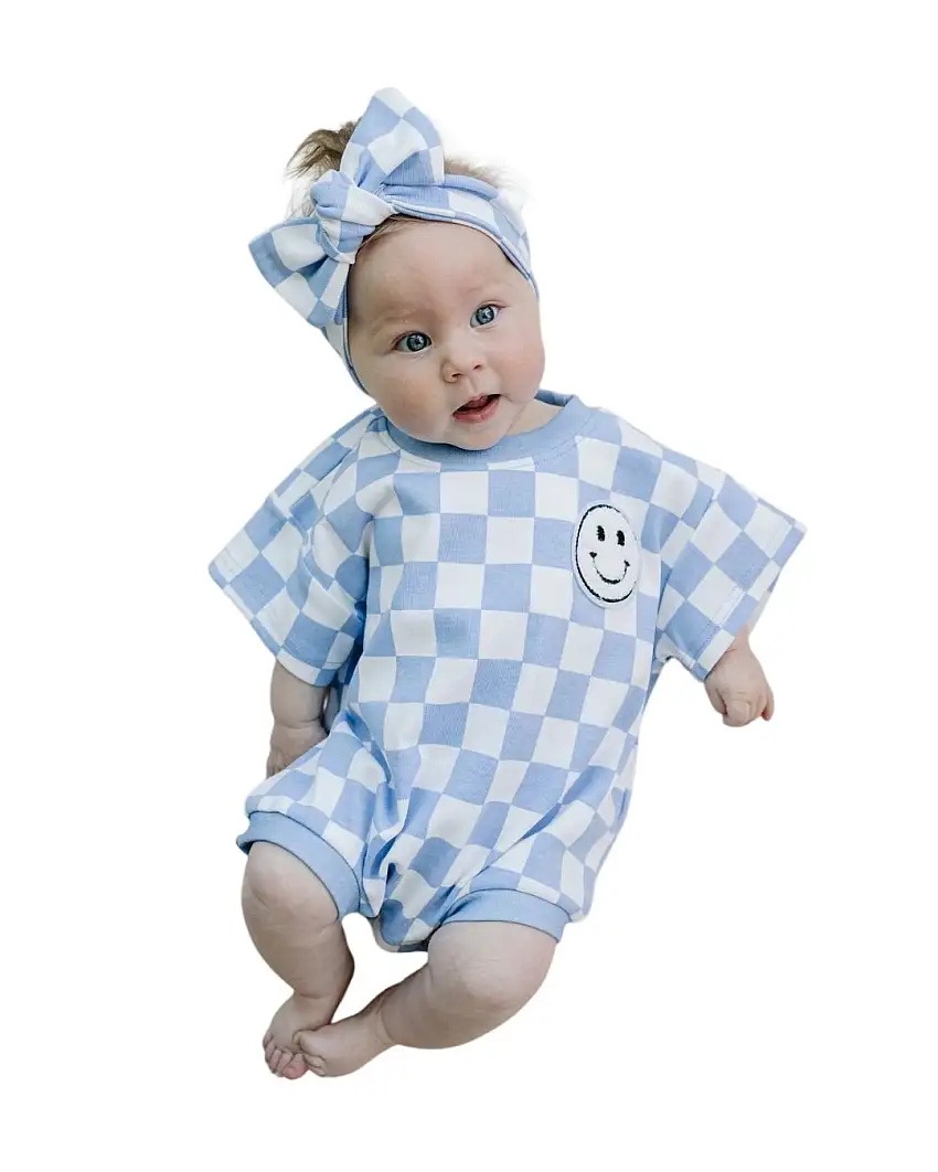Short Sleeve Bubble Romper | Checkered Smiley Blue