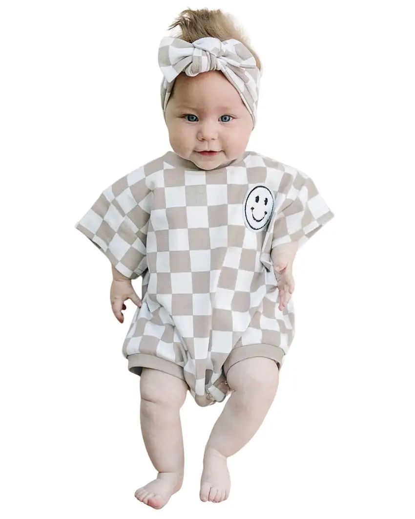 Short Sleeve Bubble Romper | Checkered Smiley Latte