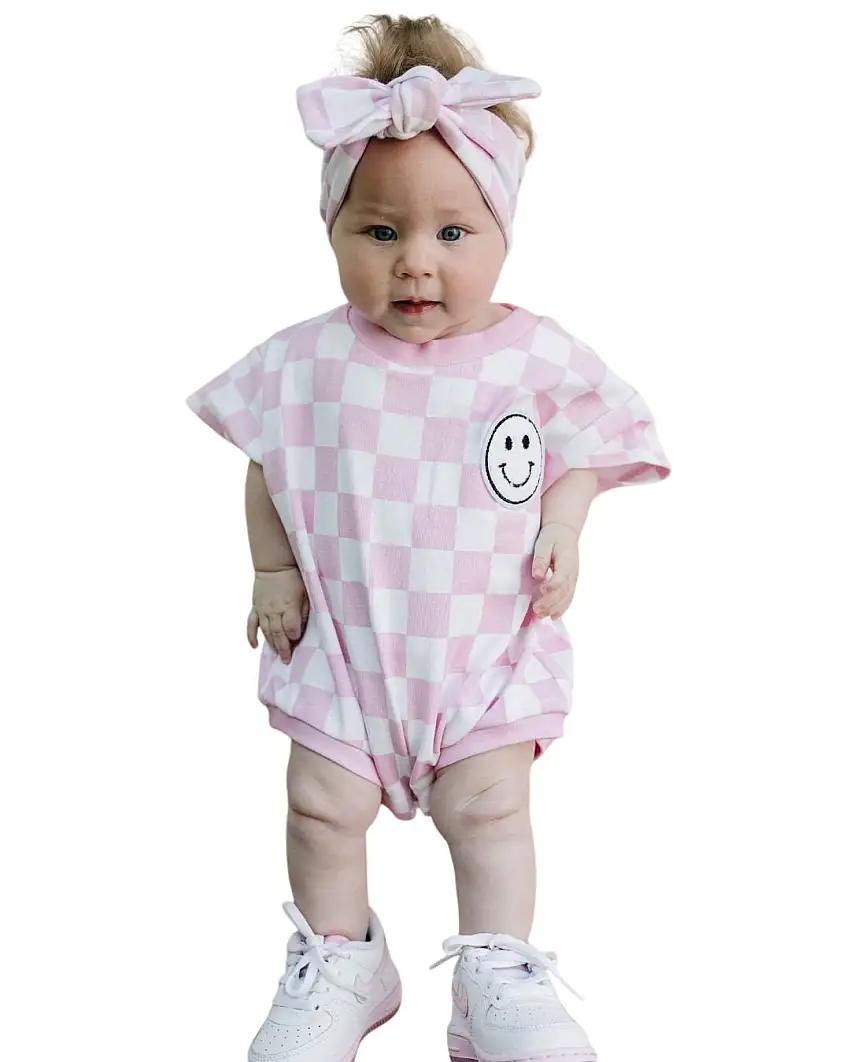 Short Sleeve Bubble Romper | Checkered Smiley Pink