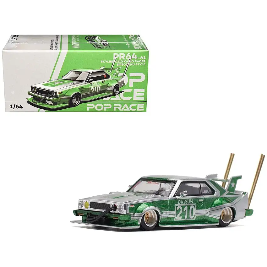 Skyline C210 Kaido Racer "Bosozoku Style" RHD (Right Hand Drive) #210 Green and Silver 1/64 Diecast Model Car by Pop Race