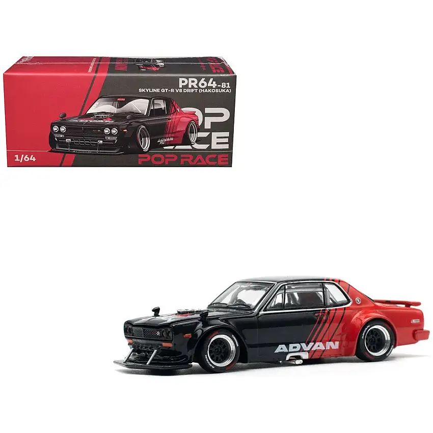Skyline GT-R V8 Drift "Hakosuka" RHD (Right Hand Drive) "Advan" Black and Red 1/64 Diecast Model Car by Pop Race