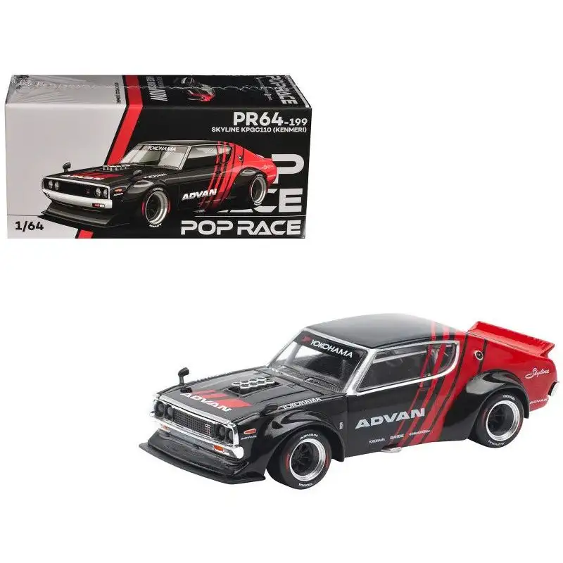 Skyline KPGC110 "Kenmeri" RHD (Right Hand Drive) "ADVAN" Black and Red 1/64 Diecast Model Car by Pop Race