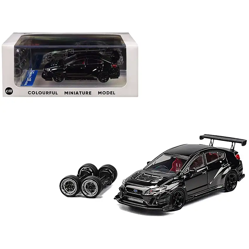 Subaru VAB WRX S4 Widebody Black Metallic with Red Interior with Extra Wheels 1/64 Diecast Model Car by CM Model