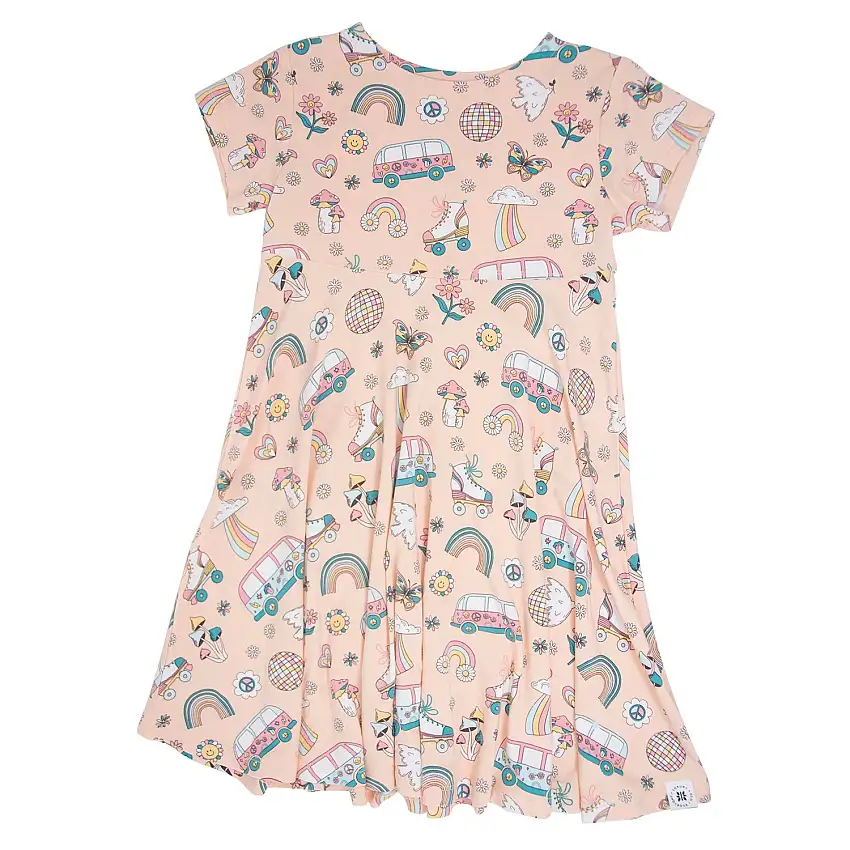 Retro Roller Skates Cap Sleeve Swirly Girl Dress