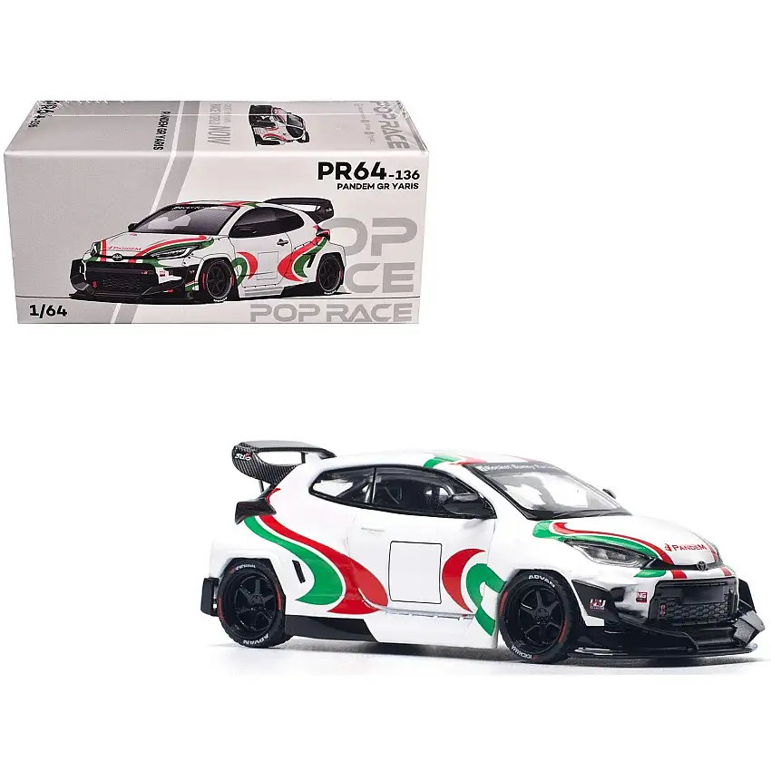 Toyota Pandem GR Yaris RHD (Right Hand Drive) "Rally Livery" White with Red and Green Graphics 1/64 Diecast Model Car by Pop Race