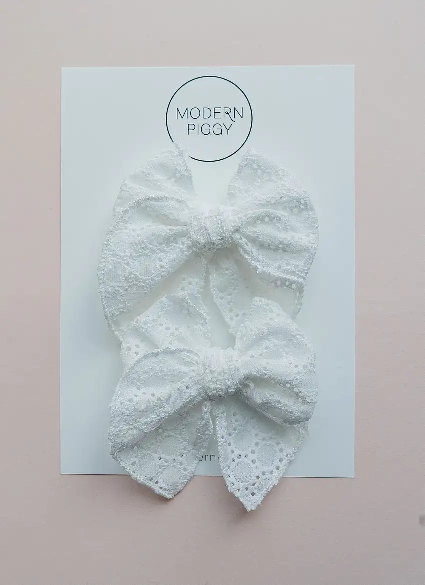 White Eyelet | Pigtail Set - Petite Party Bow