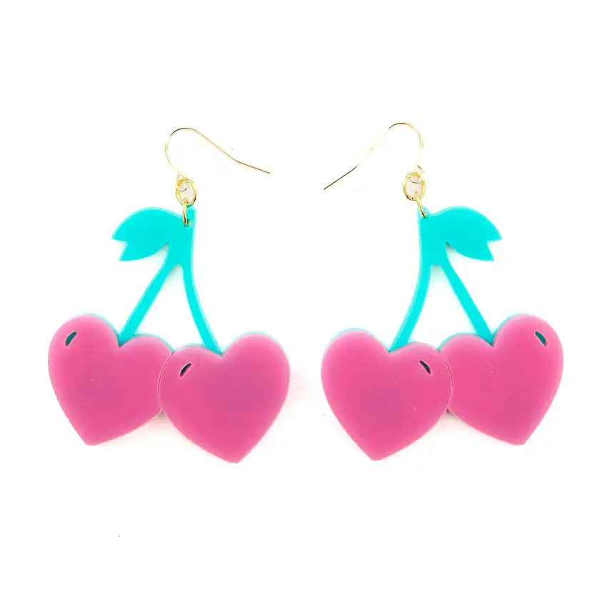 Heart Cherries Acrylic Earrings