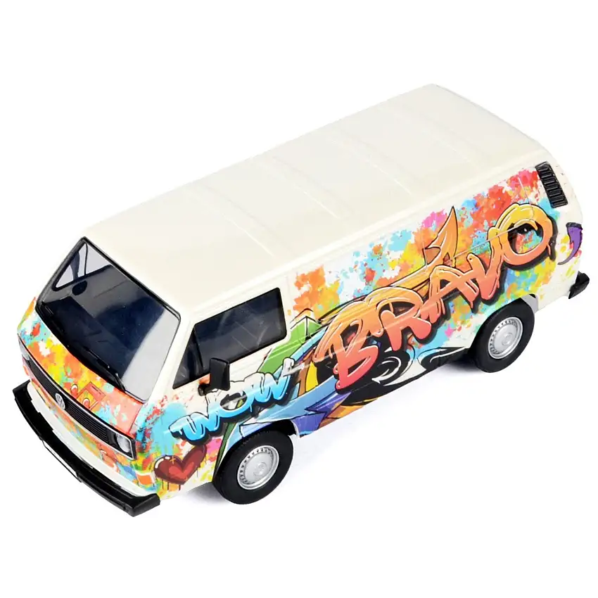Volkswagen Type 2 (T3) Van White Metallic with Graffiti Graphics 1/24 Diecast Model Car by Motormax